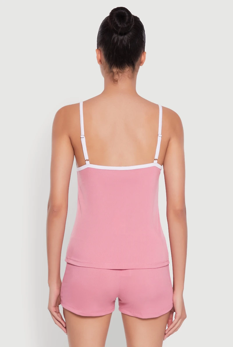 Womens Bow Keyhole Pajama Cami and Shorts, Pink, Size M