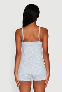 Womens Happy Love Ribbed Knit V Neck Pajama Cami and Shorts Set, Blue, Size S