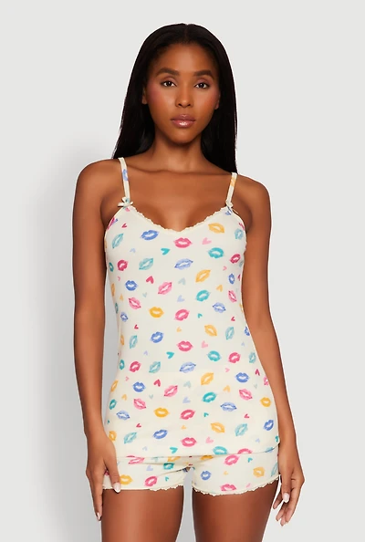 Womens Heart Lip Print Pajama Cami and Shorts Set, Multi, Size M