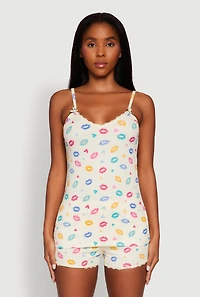 Womens Heart Lip Print Pajama Cami and Shorts Set, Multi, Size S