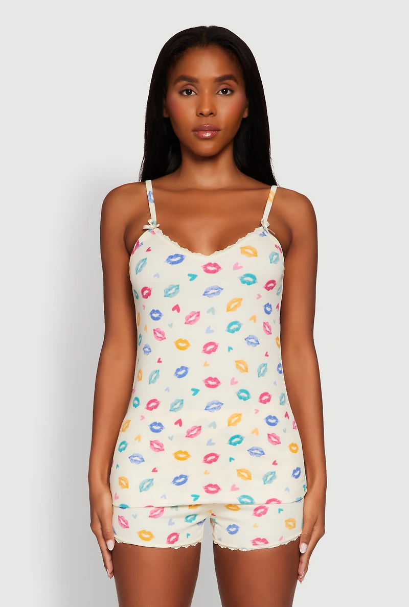 Womens Heart Lip Print Pajama Cami and Shorts Set, Multi, Size L