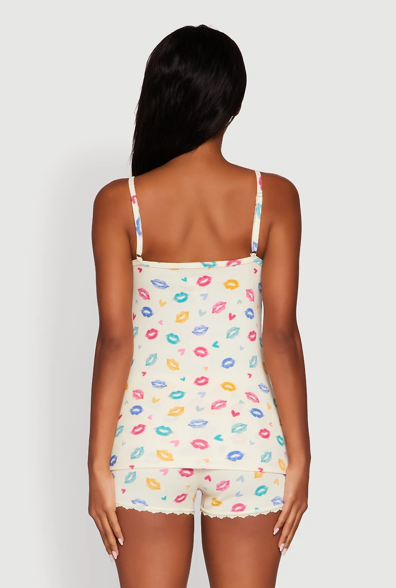 Womens Heart Lip Print Pajama Cami and Shorts Set, Multi, Size L