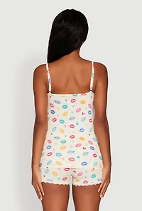 Womens Heart Lip Print Pajama Cami and Shorts Set, Multi, Size L