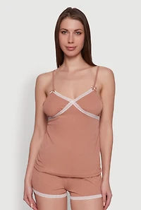 Womens Rib Knit Lace Trim Pajama Set, Brown, Size XL
