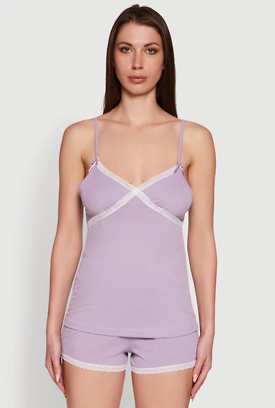 Womens Rib Knit Lace Trim Pajama Set, Purple,