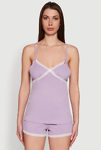Womens Rib Knit Lace Trim Pajama Set, Purple,