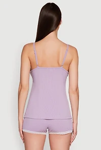 Womens Rib Knit Lace Trim Pajama Set, Purple,