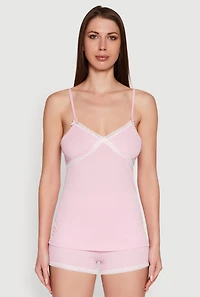 Womens Rib Knit Lace Trim Pajama Set, Pink, Size M