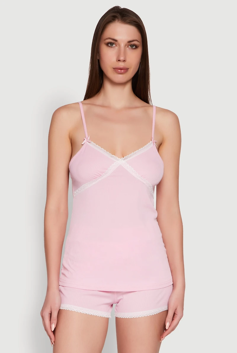 Womens Rib Knit Lace Trim Pajama Set, Pink, Size M
