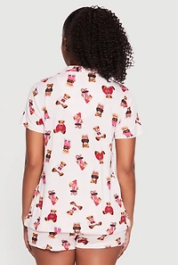 Teddy Bear Striped Print Button Front Pajama Top and Shorts