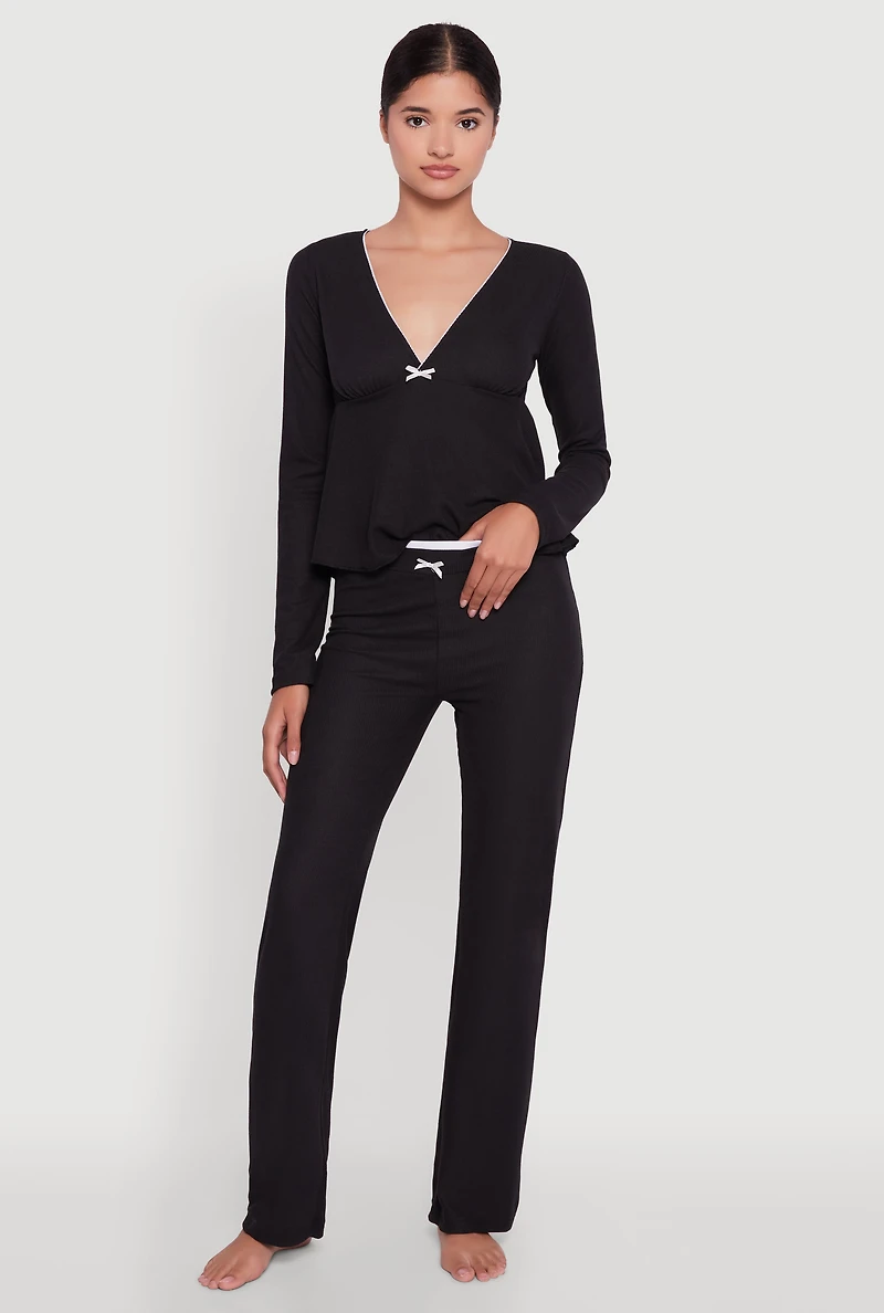 Womens Waffle Knit Peplum Pajama Top and Pants Set, Black, Size L