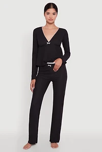 Womens Waffle Knit Peplum Pajama Top and Pants Set, Black, Size L