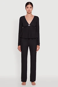 Womens Waffle Knit Peplum Pajama Top and Pants Set, Black, Size L