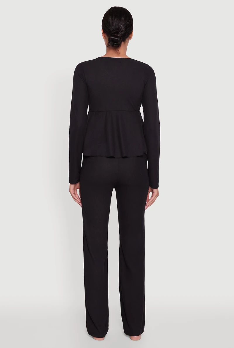 Womens Waffle Knit Peplum Pajama Top and Pants Set, Black, Size L