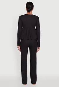 Womens Waffle Knit Peplum Pajama Top and Pants Set, Black, Size L