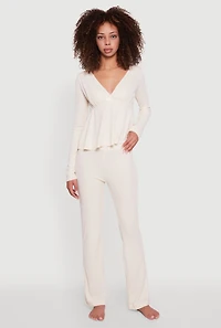 Womens Waffle Knit Peplum Pajama Top and Pants Set,