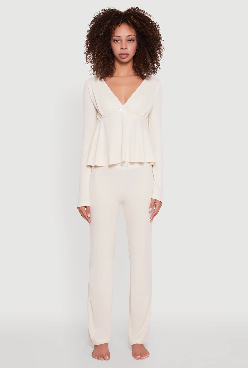 Womens Waffle Knit Peplum Pajama Top and Pants Set,