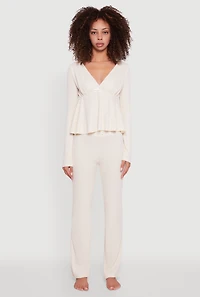 Womens Waffle Knit Peplum Pajama Top and Pants Set,