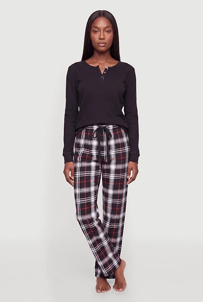 Cozy Waffle Knit Pajama Top and Plaid Flannel Lounge Pants