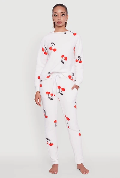 Womens Cherry Print Sherpa Pajama Top and Pants, White, Size XL