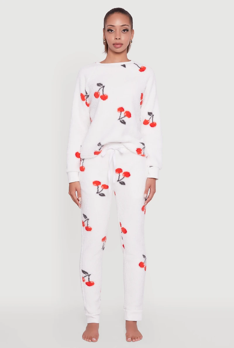 Womens Cherry Print Sherpa Pajama Top and Pants, White, Size L