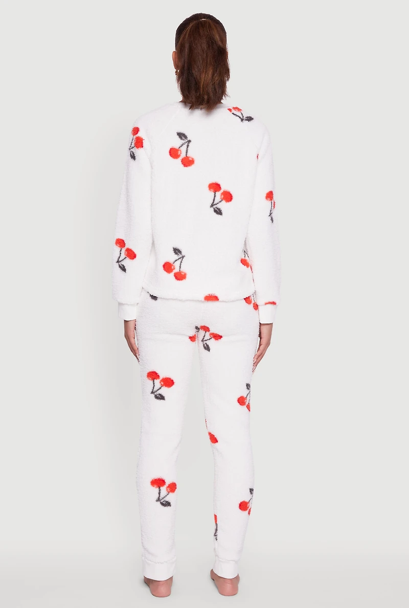 Womens Cherry Print Sherpa Pajama Top and Pants, White, Size XL