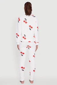 Womens Cherry Print Sherpa Pajama Top and Pants, White, Size XL