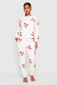 Womens Cherry Print Sherpa Pajama Top and Pants, White, Size M
