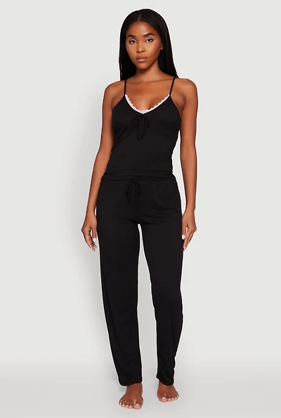 Womens Rib Knit Lace Trim Pajama Cami and Pants Set,