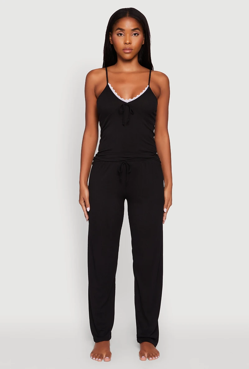 Womens Rib Knit Lace Trim Pajama Cami and Pants Set, Black, Size L