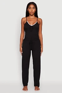 Womens Rib Knit Lace Trim Pajama Cami and Pants Set, Black, Size L