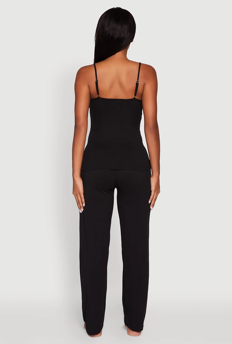 Womens Rib Knit Lace Trim Pajama Cami and Pants Set, Black, Size L