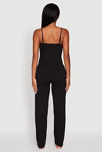 Womens Rib Knit Lace Trim Pajama Cami and Pants Set, Black, Size L