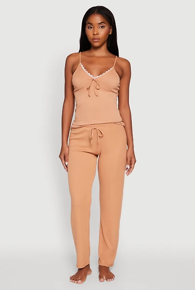 Womens Rib Knit Lace Trim Pajama Cami and Pants Set, Brown, Size L