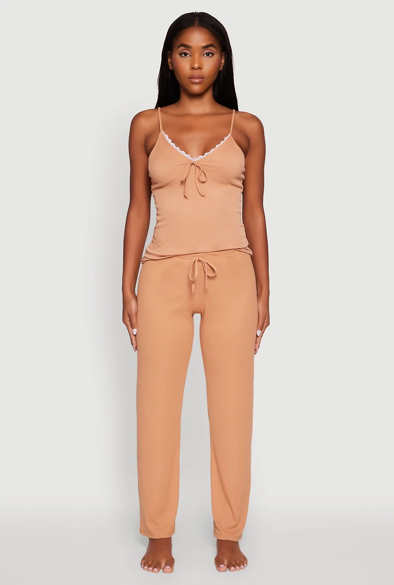 Womens Rib Knit Lace Trim Pajama Cami and Pants Set, Brown, Size L