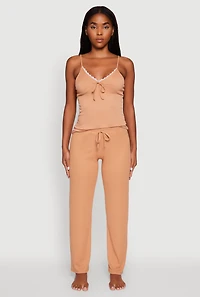 Womens Rib Knit Lace Trim Pajama Cami and Pants Set, Brown, Size L