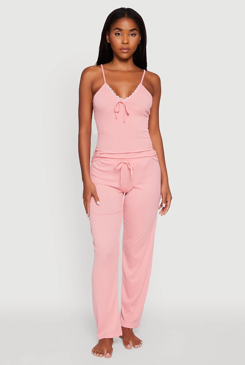 Womens Rib Knit Lace Trim Pajama Cami and Pants Set, M