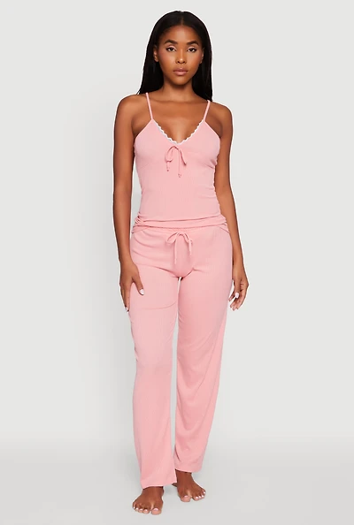 Womens Rib Knit Lace Trim Pajama Cami and Pants Set, Pink, Size L