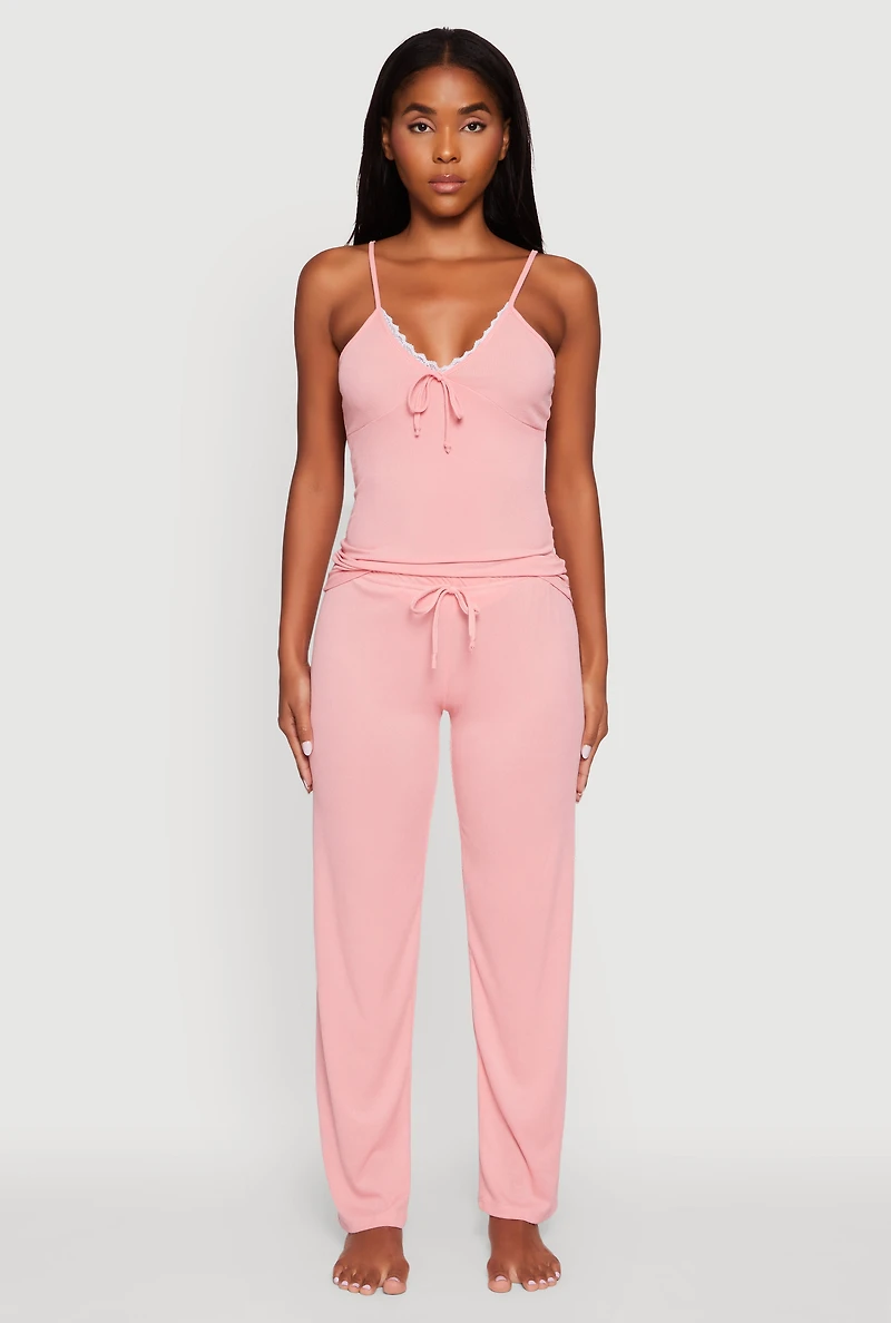 Womens Rib Knit Lace Trim Pajama Cami and Pants Set, M
