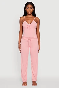 Womens Rib Knit Lace Trim Pajama Cami and Pants Set, M
