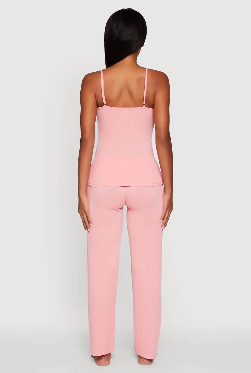 Womens Rib Knit Lace Trim Pajama Cami and Pants Set, Pink, Size L