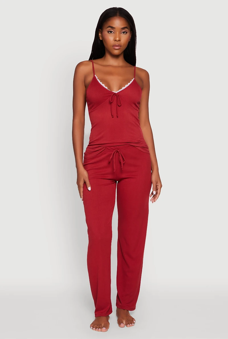 Womens Rib Knit Lace Trim Pajama Cami and Pants Set, Red, Size S