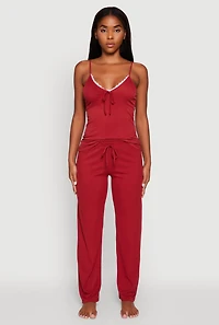 Womens Rib Knit Lace Trim Pajama Cami and Pants Set, Red, Size S