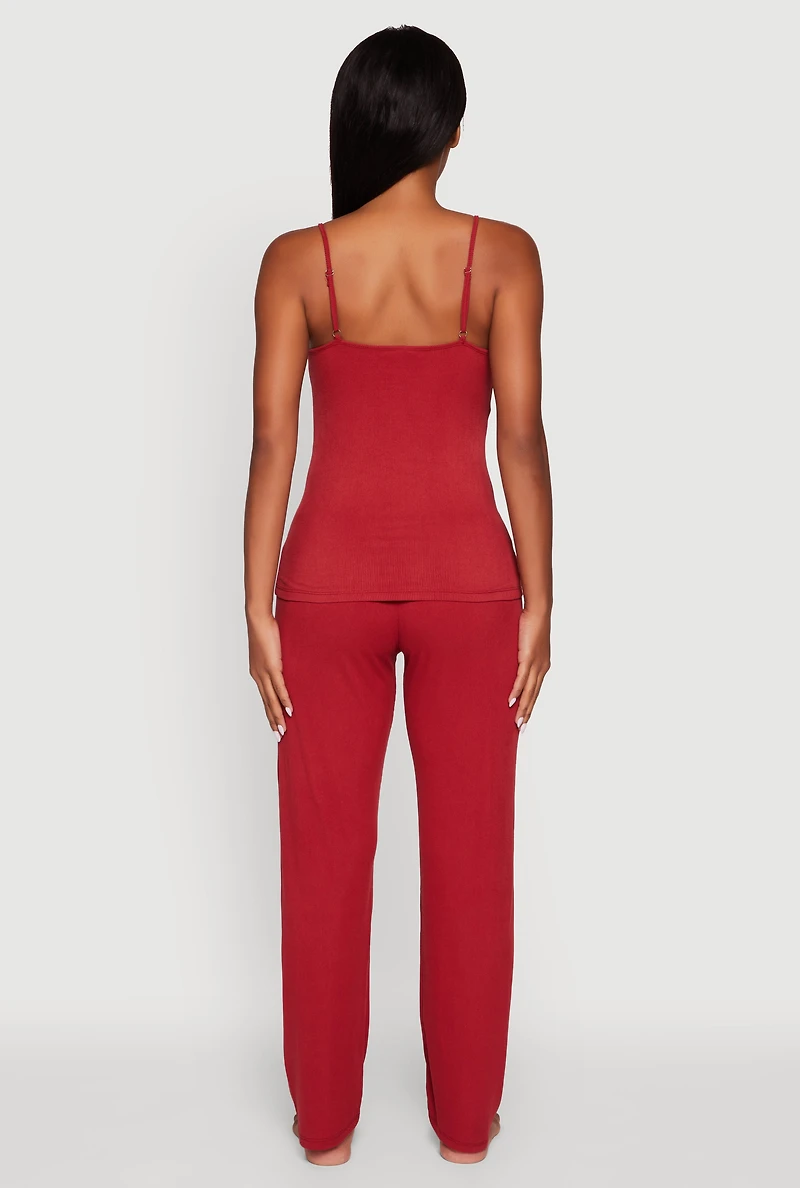 Womens Rib Knit Lace Trim Pajama Cami and Pants Set, Red, Size S