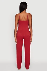Womens Rib Knit Lace Trim Pajama Cami and Pants Set, Red, Size S