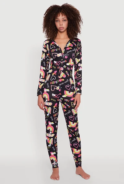 Womens Be Loved Heart Print Pajama Onesie, Multi, Size M