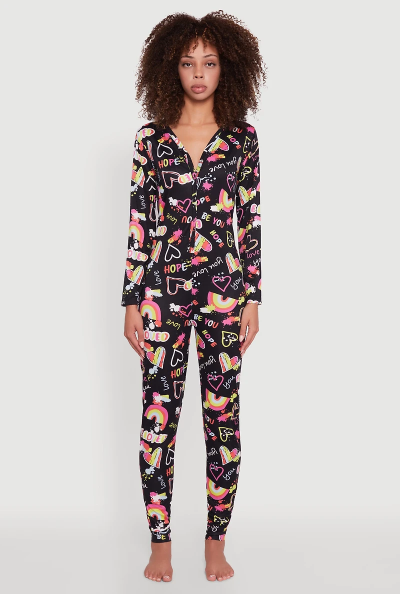 Womens Be Loved Heart Print Pajama Onesie, Multi, Size M