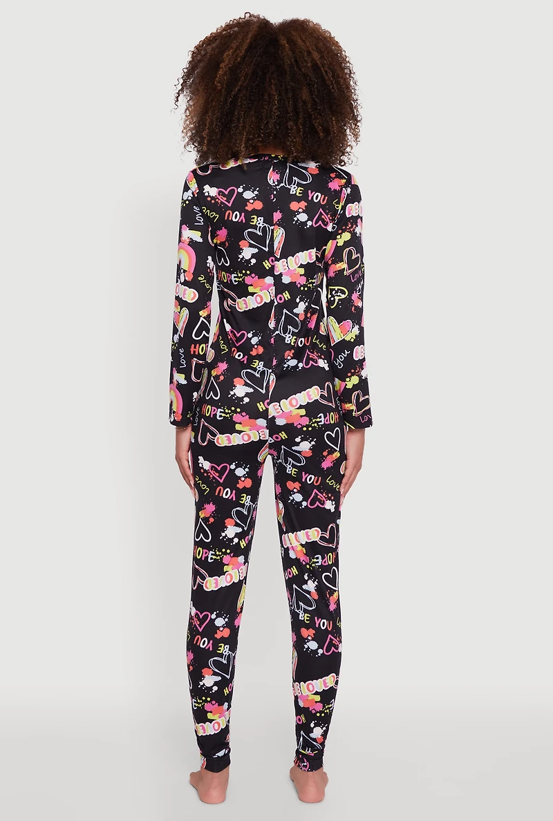 Womens Be Loved Heart Print Pajama Onesie, Multi, Size M