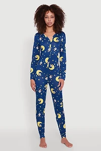 Womens Moon Panda Print Pajama Onesie, Blue, Size L
