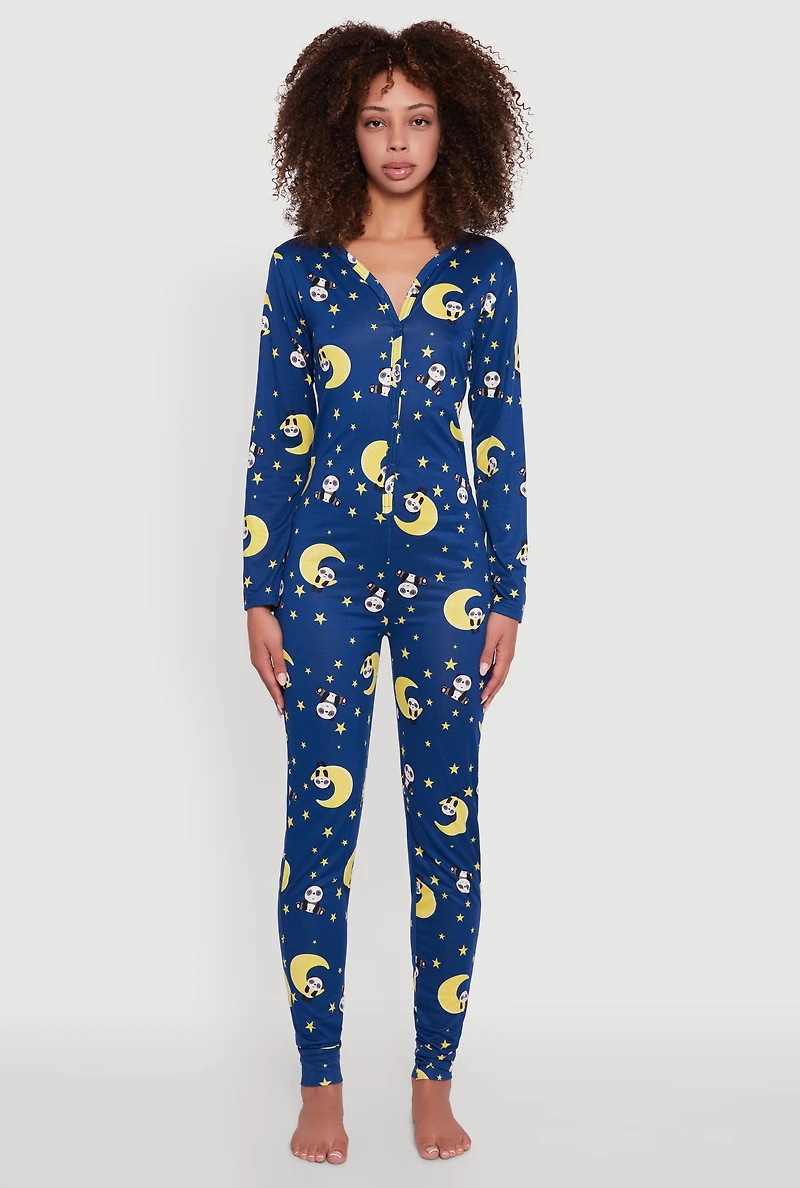 Womens Moon Panda Print Pajama Onesie, Blue, Size L